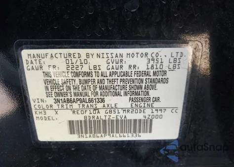 2010 Nissan Sentra 2.0S z USA, uszkodzony, nr VIN 3N1AB6AP9AL661336